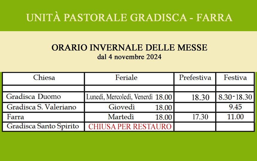 ORARIO MESSE dal 4 Novembre 2024